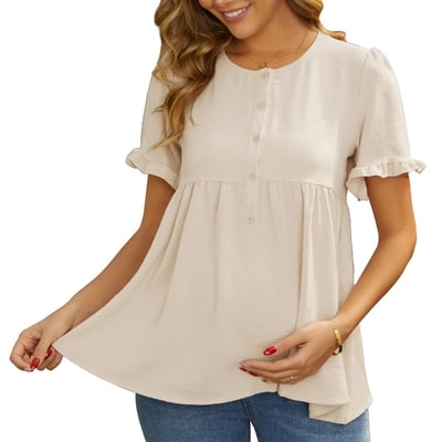 Target INSPIRE CHIC Women's Maternity Casual Round Neck Ruffle Sleeve Button Up T-Shirts Babydoll Loose Fit Peplum Tops Small Apricot