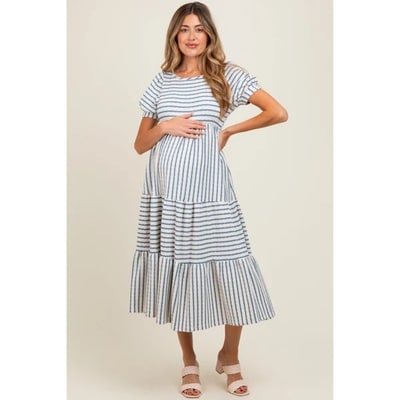 Target Pinkblush Cream/Blue Striped Short Sleeve Tiered Maternity Maxi Dress Large