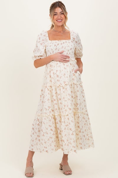 PinkBlush Ivory Rose Floral Smocked Maternity Maxi Dress