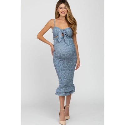 Target PinkBlush Blue Gingham Print Smocked Fitted Self-Tie Maternity Midi Dress Blue Small