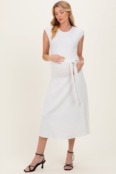 PinkBlush White Jacquard Waist Tie Maternity Midi Dress