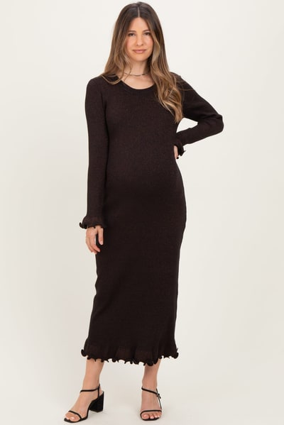 PinkBlush Black Shimmer Lettuce Edge Maternity Midi Dress