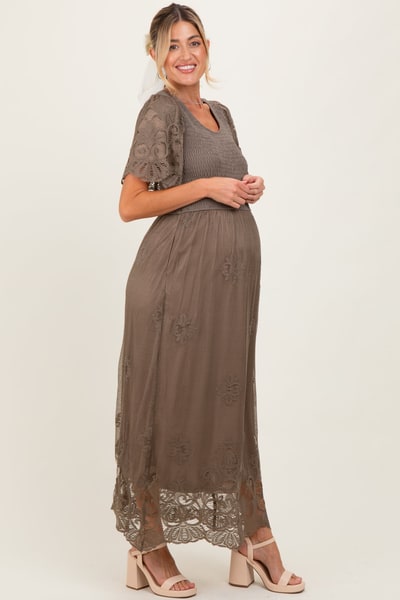PinkBlush Olive Smocked Lace Detail Maternity Midi Dress