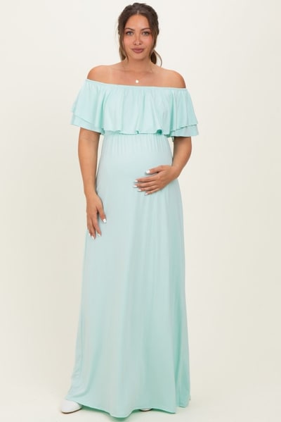 PinkBlush Mint Ruffle Off Shoulder Maternity Maxi Dress