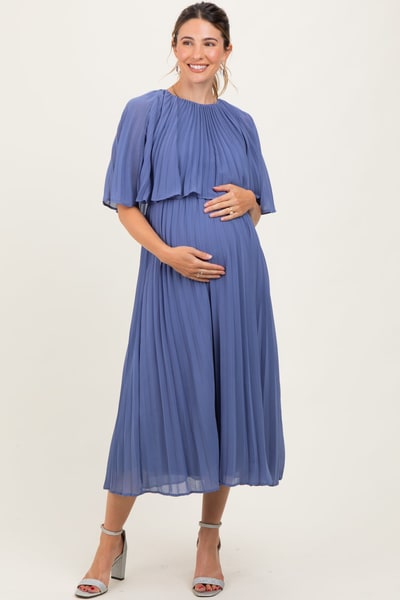PinkBlush Blue Pleated Cape Maternity Midi Dress