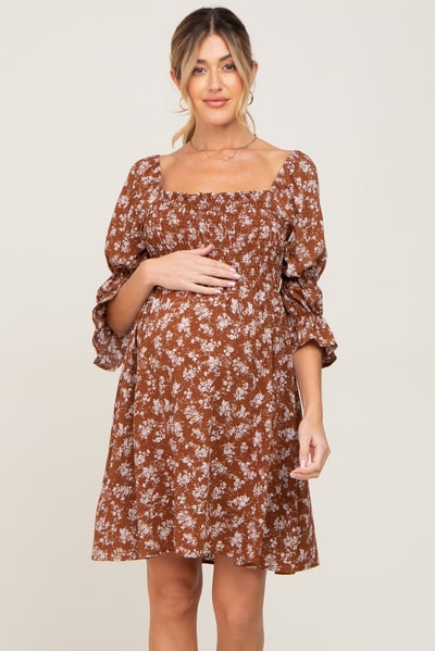 PinkBlush Brown Floral Ruffle Sleeve Smocked Maternity Dress