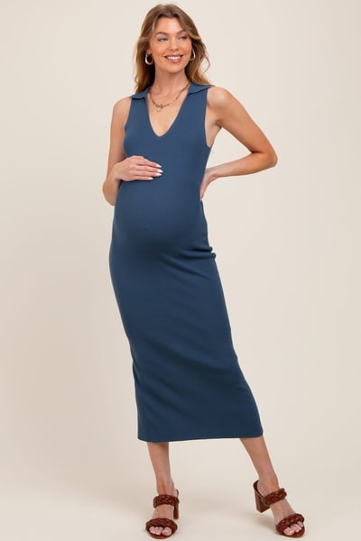 PinkBlush Blue Knit Collared Deep V-Neck Maternity Maxi Dress