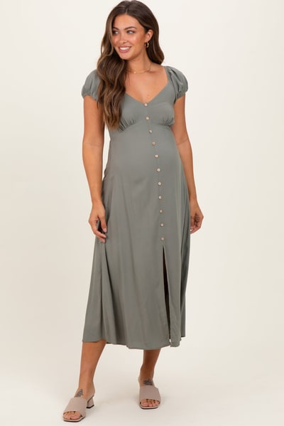 PinkBlush Olive Button Accent Front Slit Maternity Midi Dress