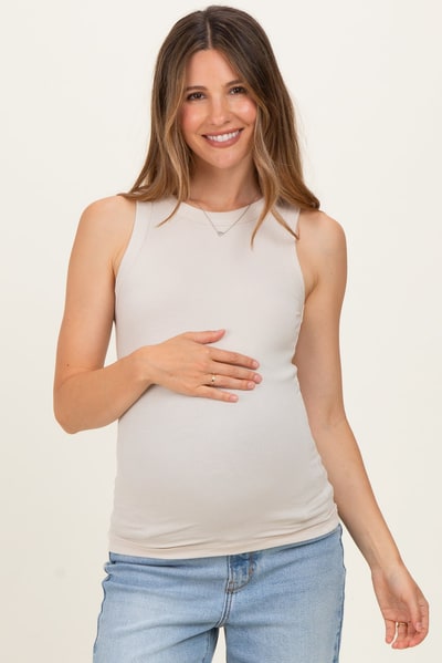 PinkBlush Sand Beige Ribbed High Neck Maternity Tank Top