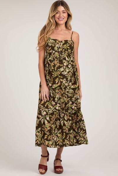 PinkBlush Brown Floral Sleeveless Front Cinched Maternity Midi Dress