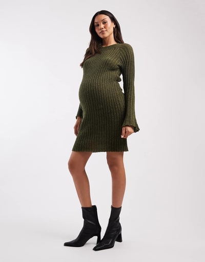 ASOS Mamalicious Maternity soft knit ribbed bell sleeve mini dress in khaki melange