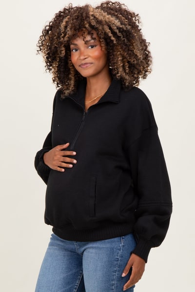 PinkBlush Black French Terry Quarter Zip Maternity Pullover