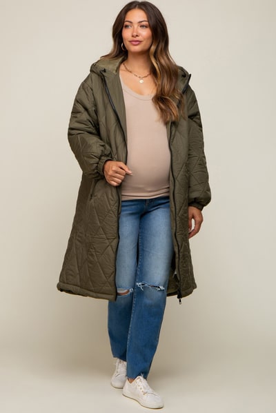 PinkBlush Olive Quilted Long Maternity Puffer Jacket