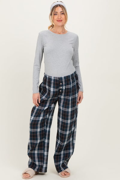 PinkBlush Navy Plaid Wide Leg Maternity Lounge Pants