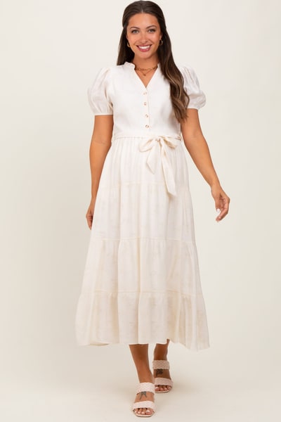 PinkBlush Cream Split Neckline Tiered Maternity Midi Dress