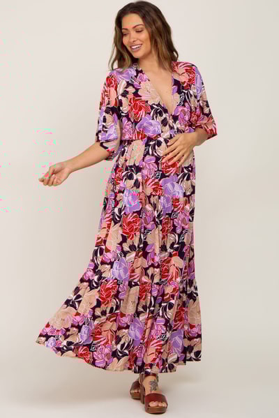 PinkBlush Navy Blue Floral Deep V-Neck Tiered Maternity Maxi Dress