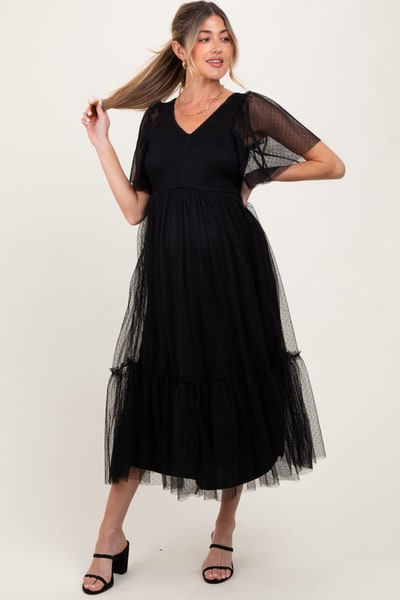 PinkBlush Black Dotted Tulle Smocked Maternity Midi Dress