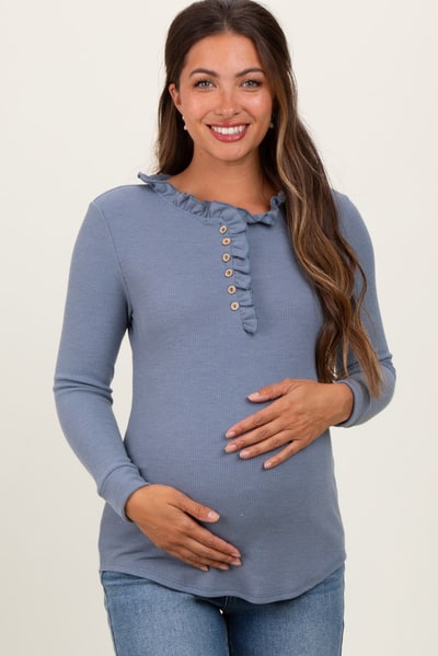 PinkBlush Blue Ruffle Collar Micro Waffle Knit Maternity Henley Top