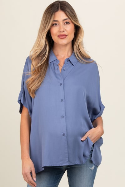 PinkBlush Blue Dolman Sleeve Button Down Maternity Blouse