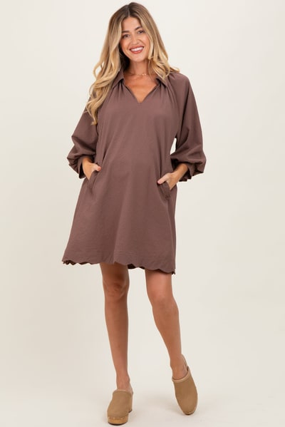 PinkBlush Brown Textured Collared 3/4 Puff Sleeve Maternity Dress