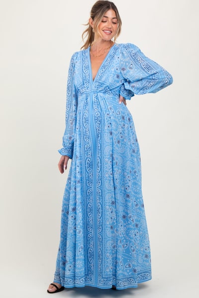 PinkBlush Light Blue Paisley Deep V-Neck Long Sleeve Maternity Maxi Dress