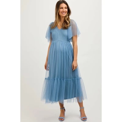 Target PinkBlush Blue Dotted Tulle Smocked Maternity Midi Dress Blue Large