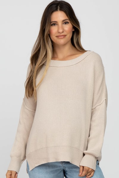 PinkBlush Beige Exposed Seam Side Slit Maternity Sweater