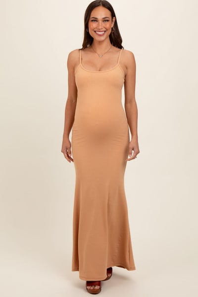 PinkBlush Camel Sleeveless Ribbed Maternity Maxi Dress