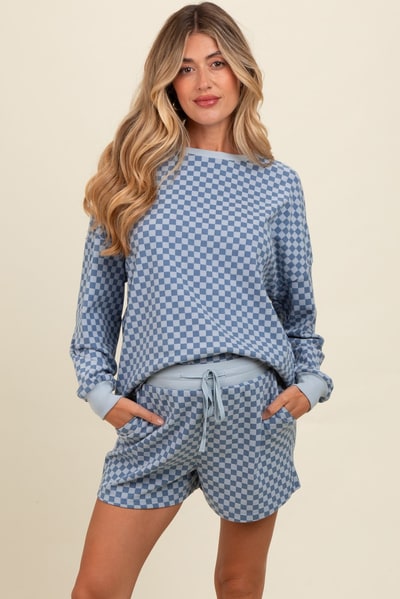 PinkBlush Blue Checkered Plaid Pullover Shorts Maternity Set