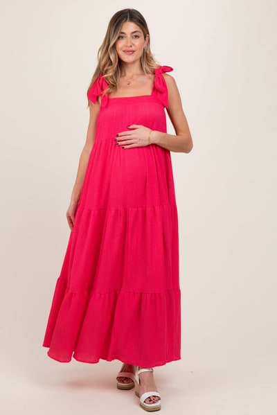 PinkBlush Fuchsia Shoulder Tie Tiered Maternity Maxi Dress