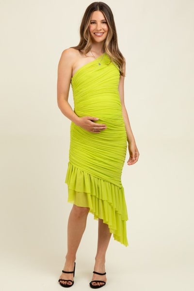 PinkBlush Lime Ruched Mesh One Shoulder Asymmetric Maternity Dress