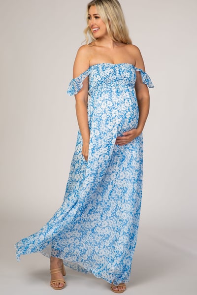 PinkBlush Blue Floral Flutter Sleeve Maternity Maxi Dress