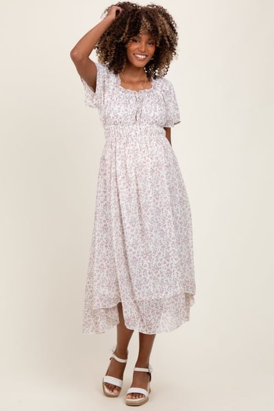 PinkBlush Ivory Floral Square Neck Front Tie Maternity Midi Dress