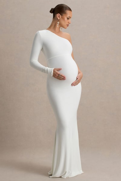 Club L London Heloise | White Asymmetric One-Sleeve Maternity Maxi Dress