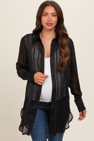PinkBlush Black Sheer Stripe Button Down Maternity Blouse
