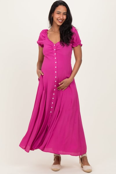 PinkBlush Fuchsia Button Down Ruffle Trim Maternity Maxi Dress