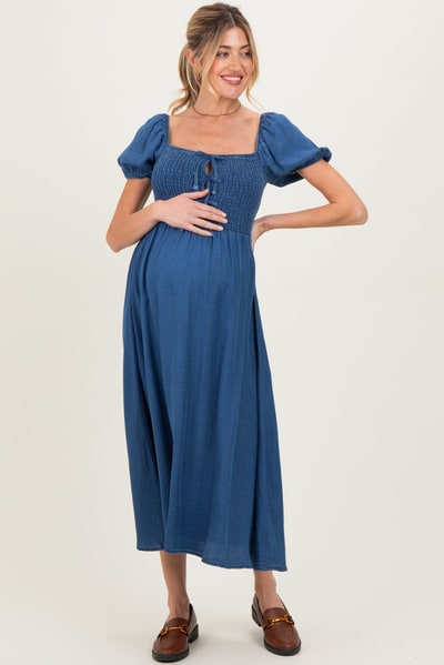 PinkBlush Navy Chambray Smocked Front Tie Maternity Midi Dress