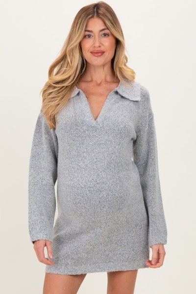 PinkBlush Heather Grey Long Sleeve Polo Maternity Sweater Dress