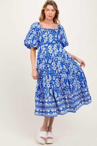 PinkBlush Blue Floral Scallop Trim Maternity Midi Dress