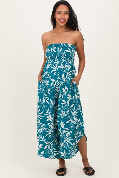 PinkBlush Teal Floral Strapless Smocked Tulip Leg Maternity Jumpsuit