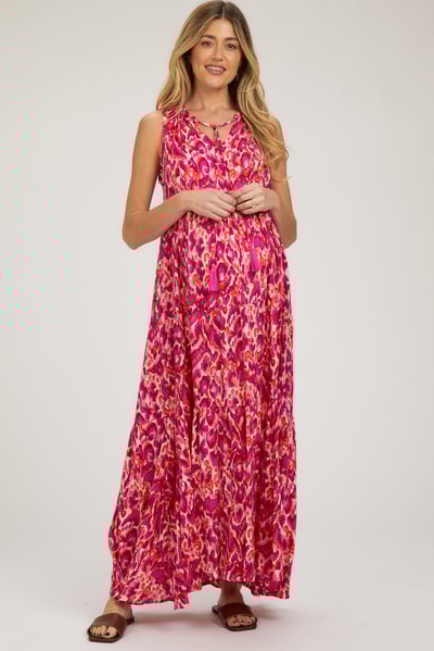 PinkBlush Magenta Sleeveless V-Neck Ruffle Neck Tiered Maternity Maxi Dress