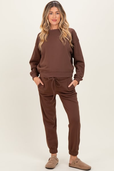 PinkBlush Brown Fleece Long Sleeve Maternity Pullover & Jogger Set