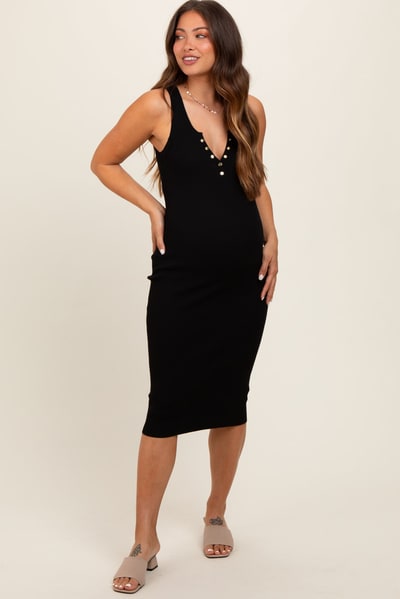 PinkBlush Black Ribbed Fitted Sleeveless Snap Button Maternity Dress