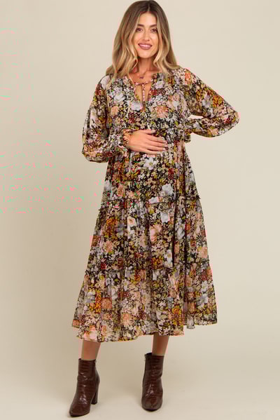 PinkBlush Black Floral Chiffon Front Tassel Tie Maternity Midi Dress