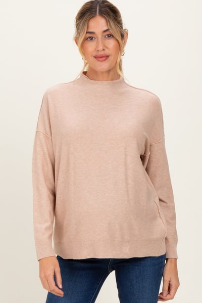 PinkBlush Beige Mock Neck Exposed Seam Maternity Sweater