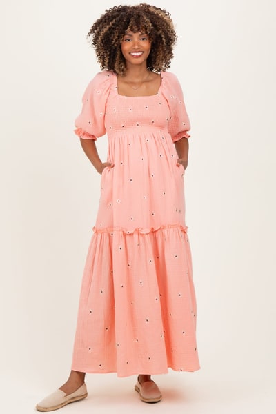 PinkBlush Light Pink Floral Smocked Puff Sleeve Maternity Maxi Dress