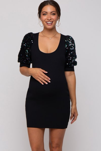 PinkBlush Black Ribbed Sequin Puff Sleeve Maternity Dress