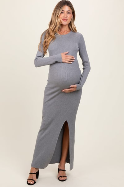 PinkBlush Heather Grey Ribbed Knit Long Sleeve Side Slit Maternity Maxi Dress