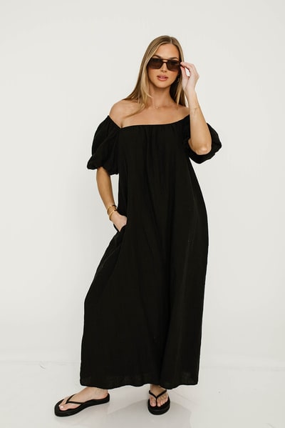 Worth Collective Genoa 100% Linen Maxi Dress in Black - Bump Friendly