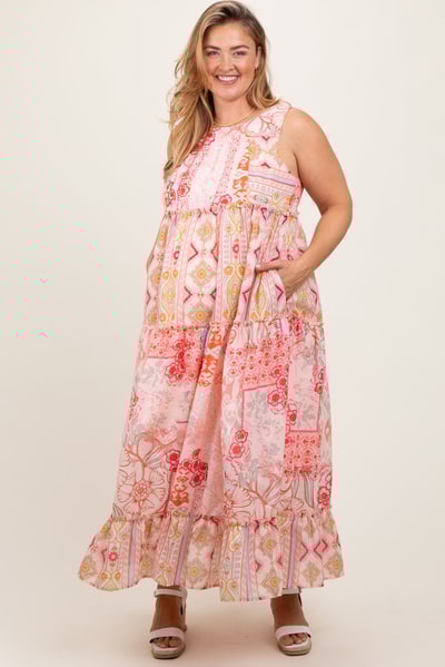 PinkBlush Peach Abstract Printed Plus Maternity Maxi Dress